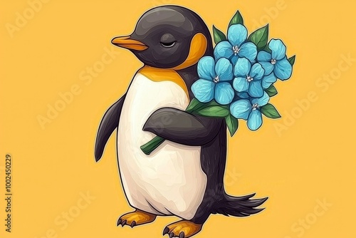 Cute Penguin Holding Blue Flowers photo