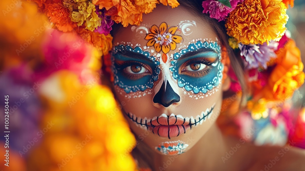 Young woman showcasing vibrant sugar skull makeup with intricate designs and colorful flowers Young woman showcasing vibrant sugar skull makeup with intricate designs and colorful flowers