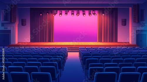Empty concert venue, conference, seminar, speech, small theater, auditorium, stage, stage design, stage set, screen, stage lighting, audience, audience