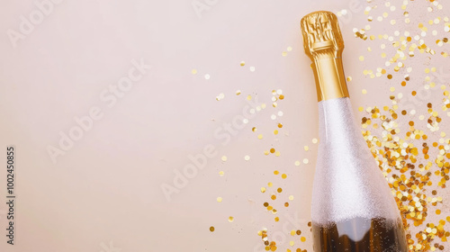 A sparkling champagne bottle surrounded by golden confetti on a light background