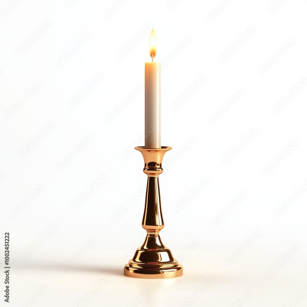 Golden candlestick with lit candle, isolated on white background, 3D illustration Golden candlestick with lit candle, isolated on white background, 3D illustration
