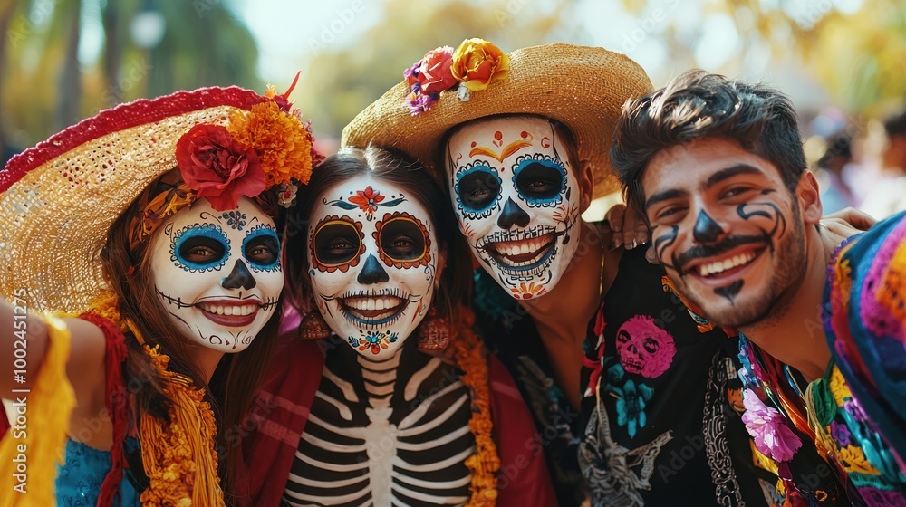 Group of friends posing with painted Day of the Dead skeletons at a festive celebration, highlighting the joyful spirit Group of friends posing with painted Day of the Dead skeletons at a festive celebration, highlighting the joyful spirit