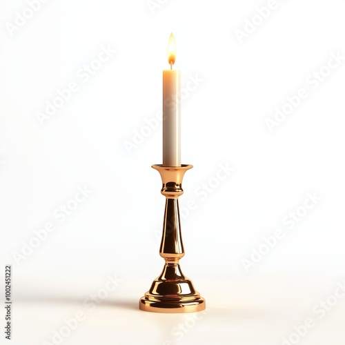 Golden candlestick with lit candle, isolated on white background, 3D illustration