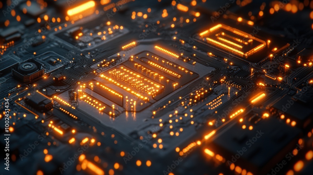 Modern Device Close-Up with Bright Circuitry Detail Modern Device Close-Up with Bright Circuitry Detail