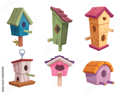 Bird house. Wooden cute places for birds home nest exact vector different houses