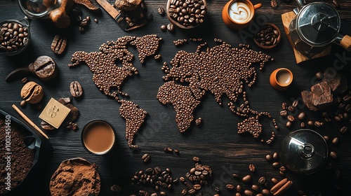 A creative arrangement of coffee beans forming a world map, surrounded by various coffee elements on a dark wooden surface. photo