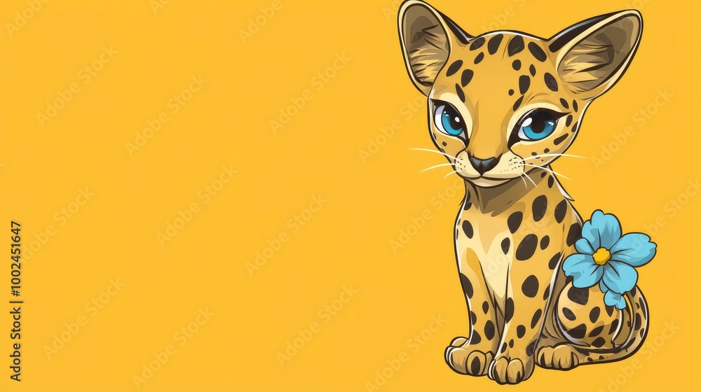 Obraz premium Cute Cartoon Serval with Flower