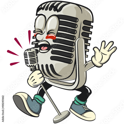vintage microphone cartoon character mascot retro vector design sing earnestly with maximum style, work of hand drawn