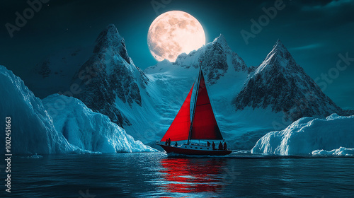 
Imagine
6d




A red sailboat with people on board is sailing in front of an icy mountain, the moon shines brightly over it, and the sea reflects its glow. photo