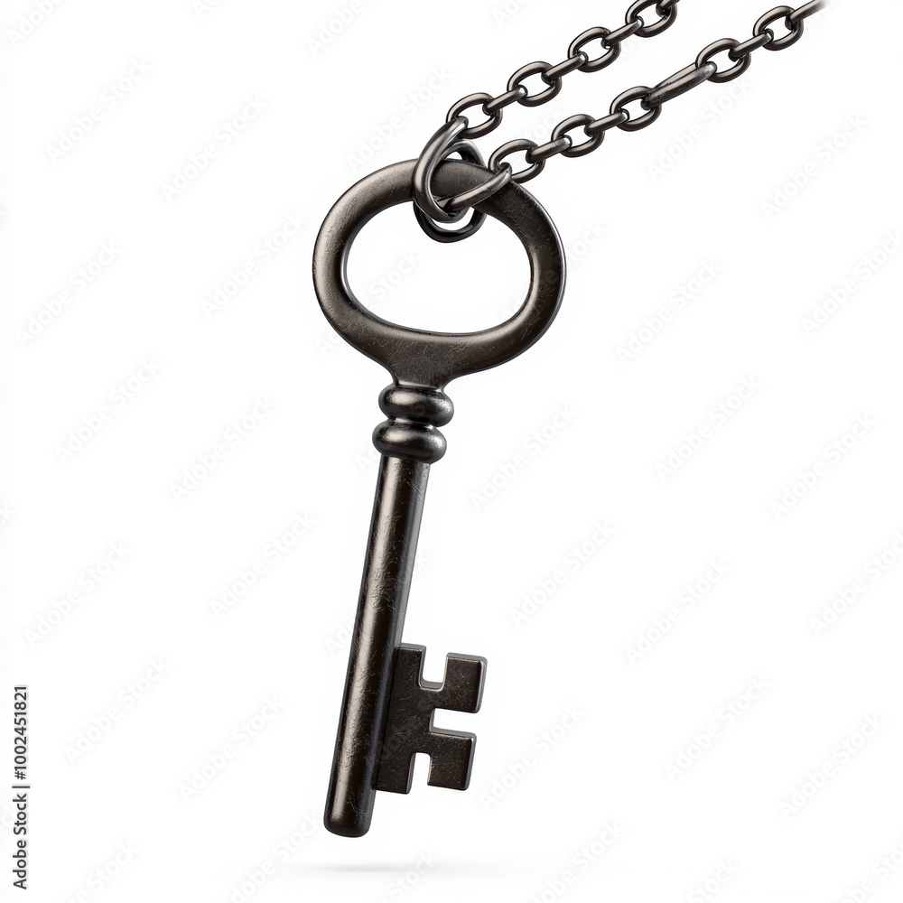 Single key on a chain, metal texture, isolated on white background, 3D illustration Single key on a chain, metal texture, isolated on white background, 3D illustration