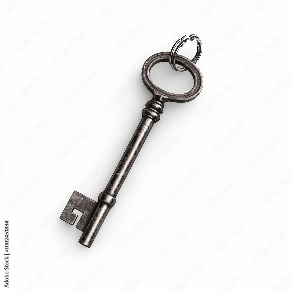 Single key on a chain, metal texture, isolated on white background, 3D illustration Single key on a chain, metal texture, isolated on white background, 3D illustration
