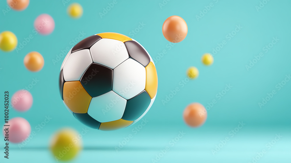 Fototapeta premium Floating soccer ball with colorful spheres on a vibrant blue background.