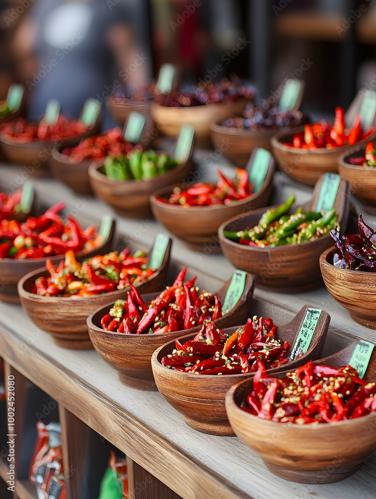 Rows of colorful chili peppers displayed in wooden bowls at a market. Rows of colorful chili peppers displayed in wooden bowls at a market.