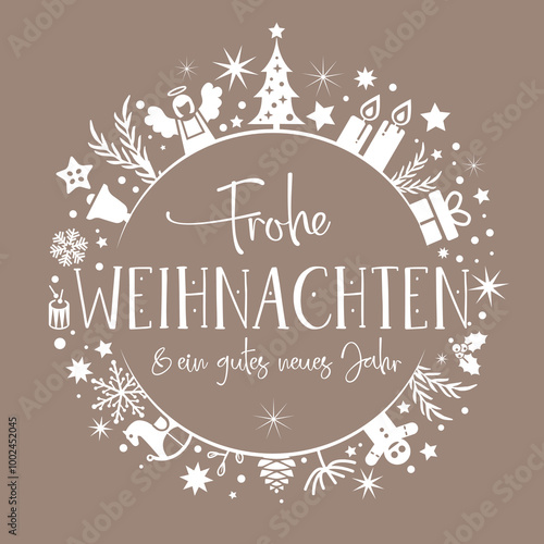 Frohe Weihnachten und ein gutes neues Jahr Kalligraphie - Grußkarte mit Weihnachtsbaum, Geschenken, Kerzen, Sterne - deutscher Text - naturfarben
