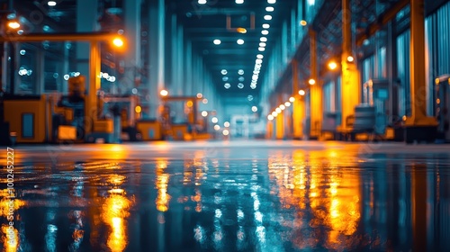 Abstract view of a modern warehouse, where the deep blur enhances the foreground elements and warm bokeh highlights the operational activities