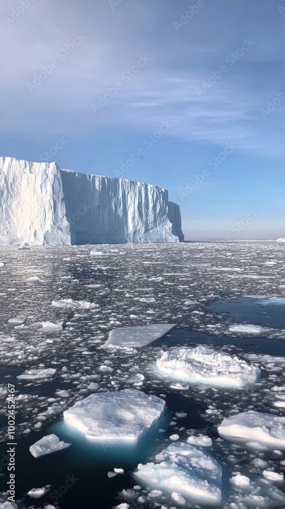 Giant iceberg floating on blue ocean water with smaller icebergs in foreground Giant iceberg floating on blue ocean water with smaller icebergs in foreground