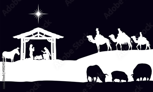 A Christmas nativity scene with baby Jesus in the manger and wise men