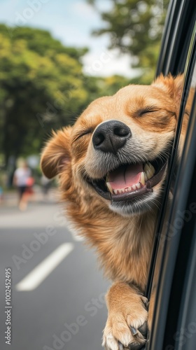 Happy Dog Enjoying a Car Ride with Head Out of Window