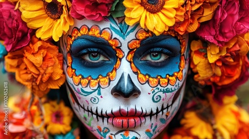 Close-up of colorful Day of the Dead makeup featuring intricate skull designs and vibrant floral patterns