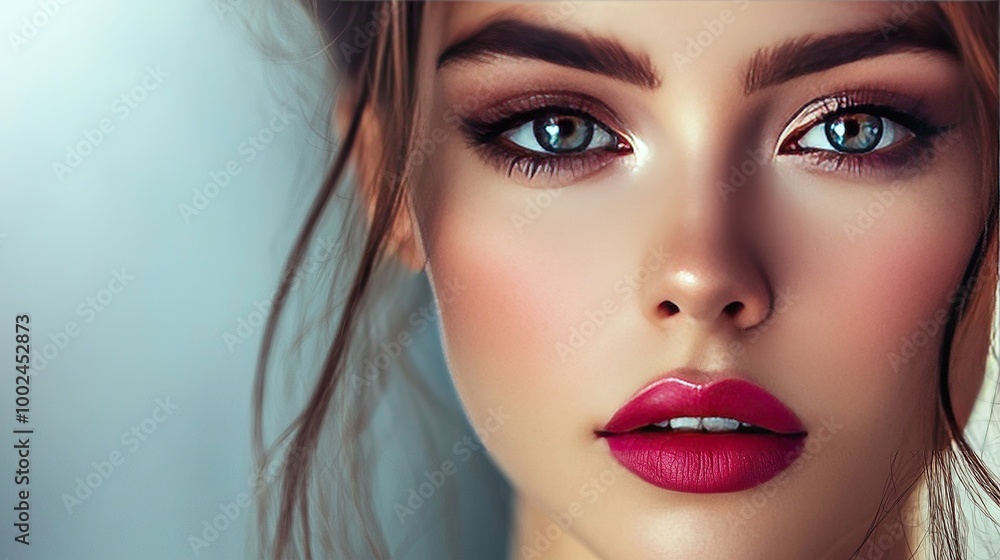 A close-up of a woman with blue eyes and red lips wearing lipstick A close-up of a woman with blue eyes and red lips wearing lipstick