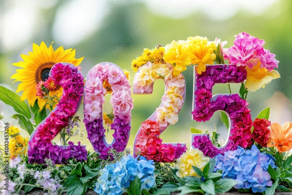 Fototapeta premium Colorful floral arrangement forming the year 2025 amidst vibrant flowers.