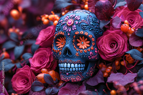 Colorful sugar skull surrounded by vibrant roses and foliage, evoking a celebratory and festive atmosphere, perfect for Dia de los Muertos celebrations and remembrance.