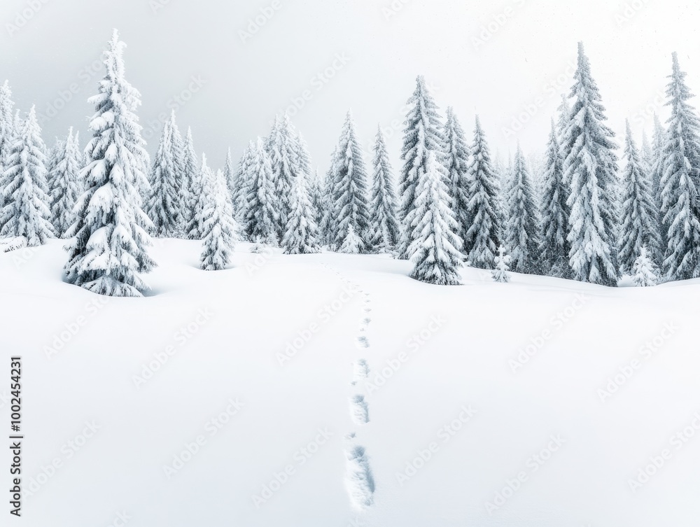 Fototapeta premium A serene winter landscape featuring snow-covered trees and a single set of footprints leading into the peaceful scene.
