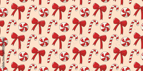 Christmas retro groovy seamless pattern with red Candy Cane, bow and lollipop, candy. New Year winter vector background.