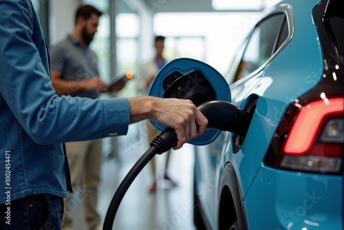 People inspecting electric car charging cables for safety and durability