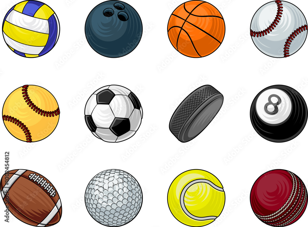 Sport ball icon set. Sport balls include soccer, baseball, tennis and volleyball. As well as golf, pool, cricket and football. Along with softball, basketball, bowling and a hockey puck. Sport ball icon set. Sport balls include soccer, baseball, tennis and volleyball. As well as golf, pool, cricket and football. Along with softball, basketball, bowling and a hockey puck.