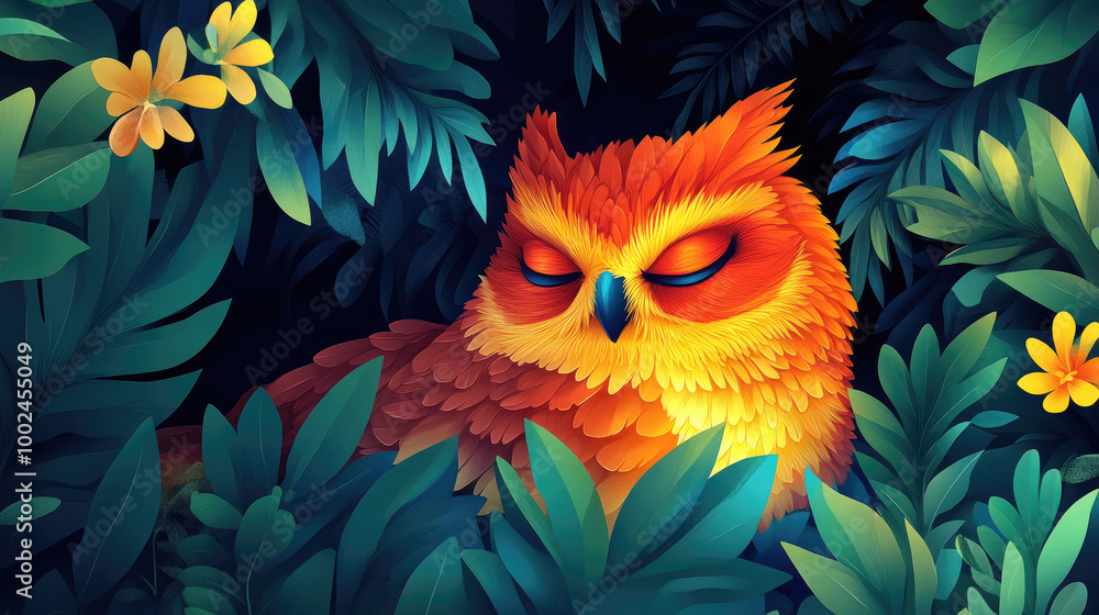 Fototapeta premium A vividly colored orange owl is nestled among dark green leaves and bright yellow flowers as twilight descends in the forest