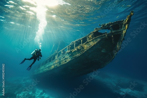 Sunken Ship. Scuba Diver Explores Underwater Wreck in the Blue Waters of the Mediterranean Sea