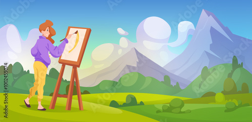 Girl painter. Drawing beautiful landscape exact professional painter working outdoor exact vector background photo