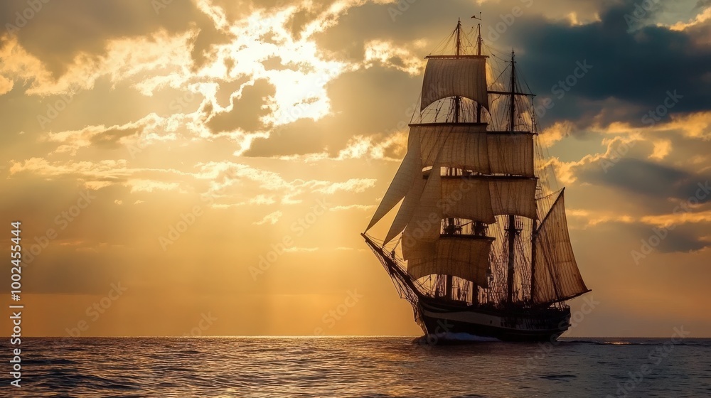 Fototapeta premium Tall Ship Sailing in the Atlantic Ocean with Backlit Sails