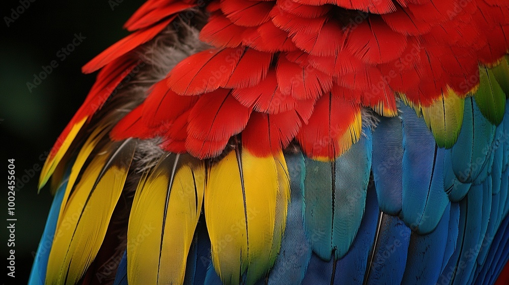 Fototapeta premium Red, Yellow, Blue Bird Feathers Close Up on Black Background