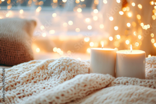 Cozy ambiance with candles and soft blanket surrounding glowing fairy lights at home