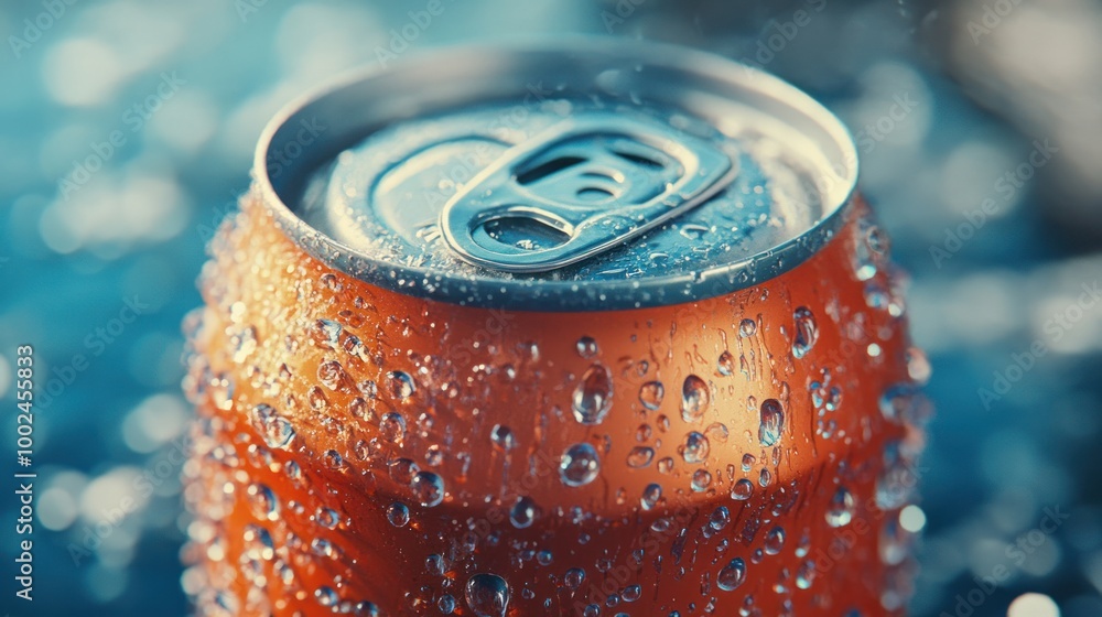 A soft drink can with condensation, highlighting the cold, refreshing nature of sugary sodas A soft drink can with condensation, highlighting the cold, refreshing nature of sugary sodas