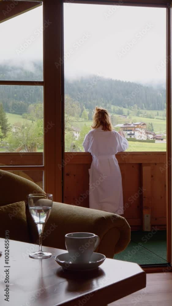 Vertical Screen: Tourism vacation back view of beautiful woman standing in white robe on hotel balcony overlooking the landscape. Large view of female admiring nature by panoramic window of hotel. Vertical Screen: Tourism vacation back view of beautiful woman standing in white robe on hotel balcony overlooking the landscape. Large view of female admiring nature by panoramic window of hotel.