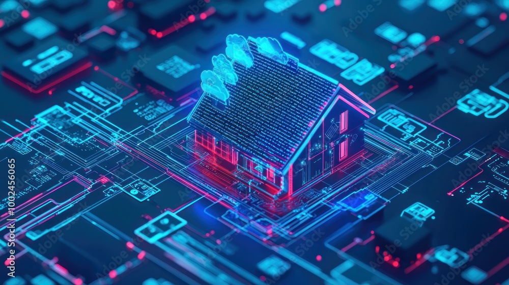 A futuristic digital house model on a glowing circuit board. A futuristic digital house model on a glowing circuit board.