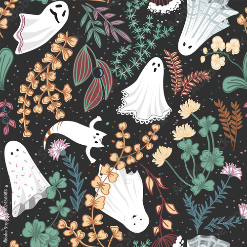 Seamless Halloween Pattern Design. Cute ghosts in garden flowers and grass. Vector illustration.