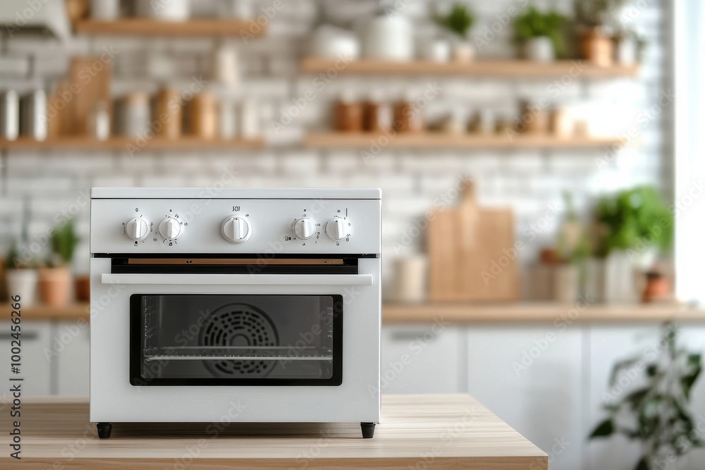 Modern white countertop oven in a cozy kitchen filled with plants and natural light during a sunny day Modern white countertop oven in a cozy kitchen filled with plants and natural light during a sunny day