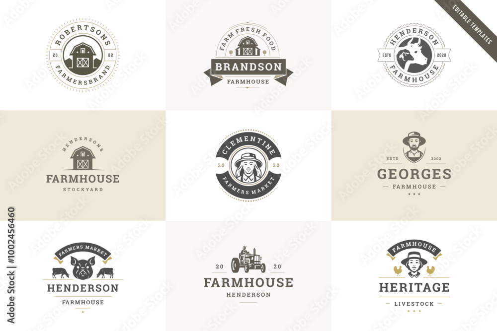 Fototapeta premium Farm fresh harvest food livestock organic production premium retro logo design template set vector flat illustration. Farming agriculture industrial farmhouse butchery ranch meat vegetables logotype