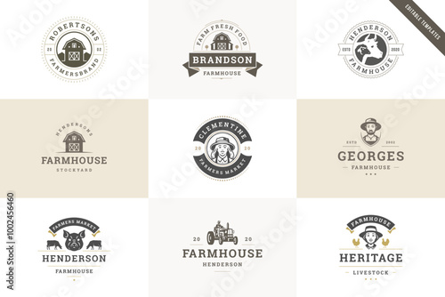 Farm fresh harvest food livestock organic production premium retro logo design template set vector flat illustration. Farming agriculture industrial farmhouse butchery ranch meat vegetables logotype