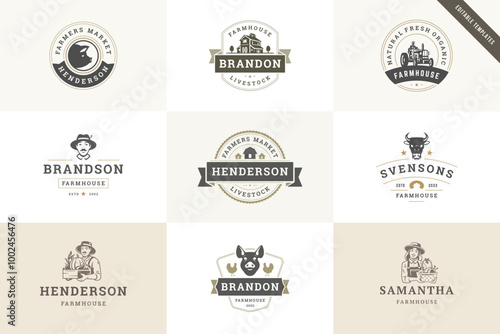 Farmer market livestock farmhouse retro logo design template set vector flat illustration. Farmers with fresh vegetables harvest agriculture and organic meat industrial production logotype
