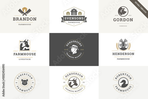 Farmhouse butchery livestock harvest farmer market retro logo design template set vector flat illustration. Farming and agriculture rustic village cattle fresh organic meat production logotype