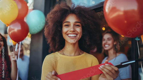 small business owner beams with pride in front of their newly opened boutique, holding scissors ready to cut the ribbon, surrounded by friends, family, and balloons celebrating the moment