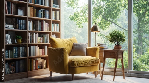 A cozy reading nook with a plush mustard-colored armchair