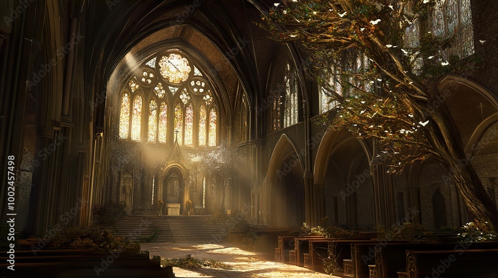 Gothic Cathedral Interior with Stained Glass and Tree Gothic Cathedral Interior with Stained Glass and Tree