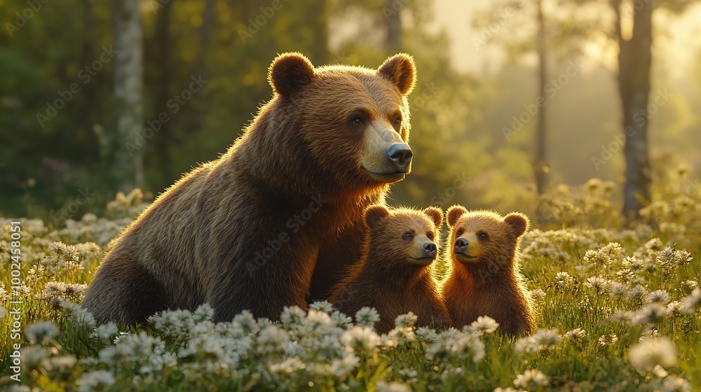 Fototapeta premium A Mother Bear and Her Cubs in a Meadow