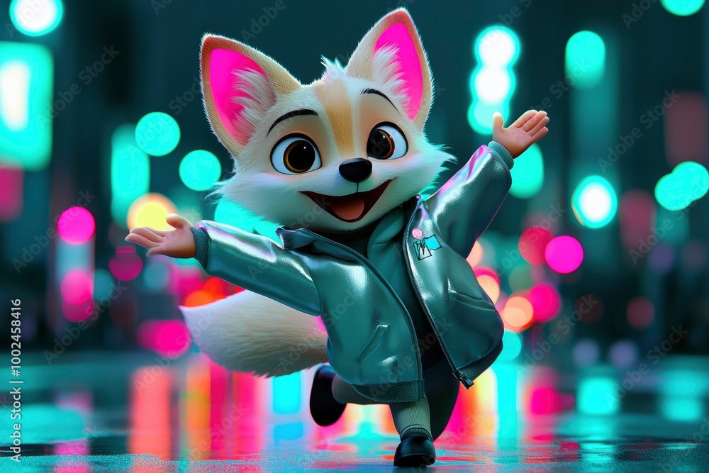 Cheerful Cartoon Fox in the City at Night Cheerful Cartoon Fox in the City at Night